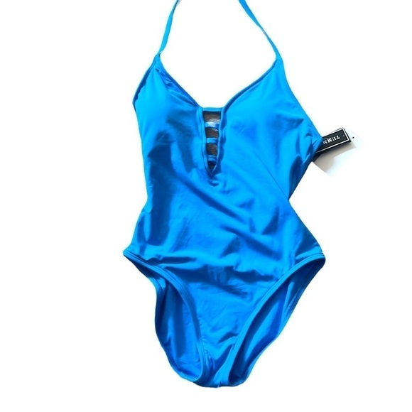 NWT La Blanca Strappy Blue Plunge Tummy Control Swimsuit SZ 4 - Picture 4 of 11